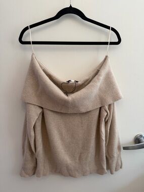 White + Warren Off-Shoulder Sand Cashmere Sweater